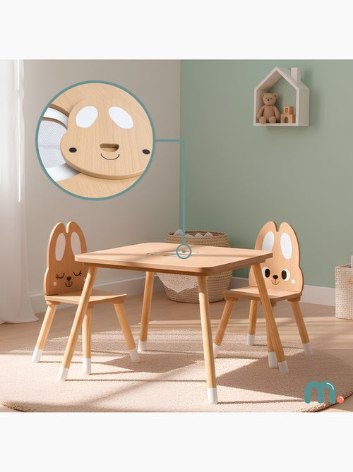 Mesa de madeira com arrumação e 2 cadeiras infantis – conjunto coelhinho - Kiabi