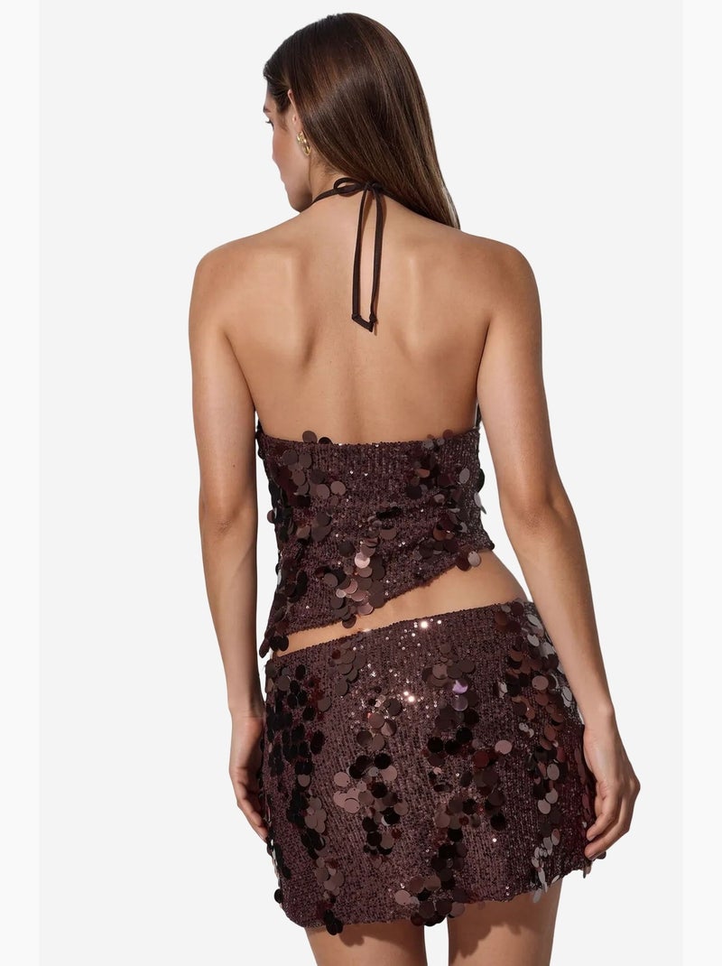 Minissaia feminina de cintura alta em linha a com lantejoulas busem Castanho-chocolate - Kiabi