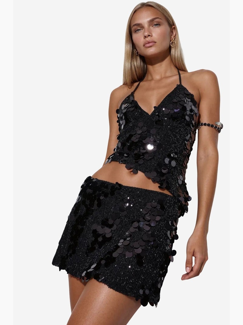 Minissaia feminina de cintura alta em linha a com lantejoulas busem Preto - Kiabi