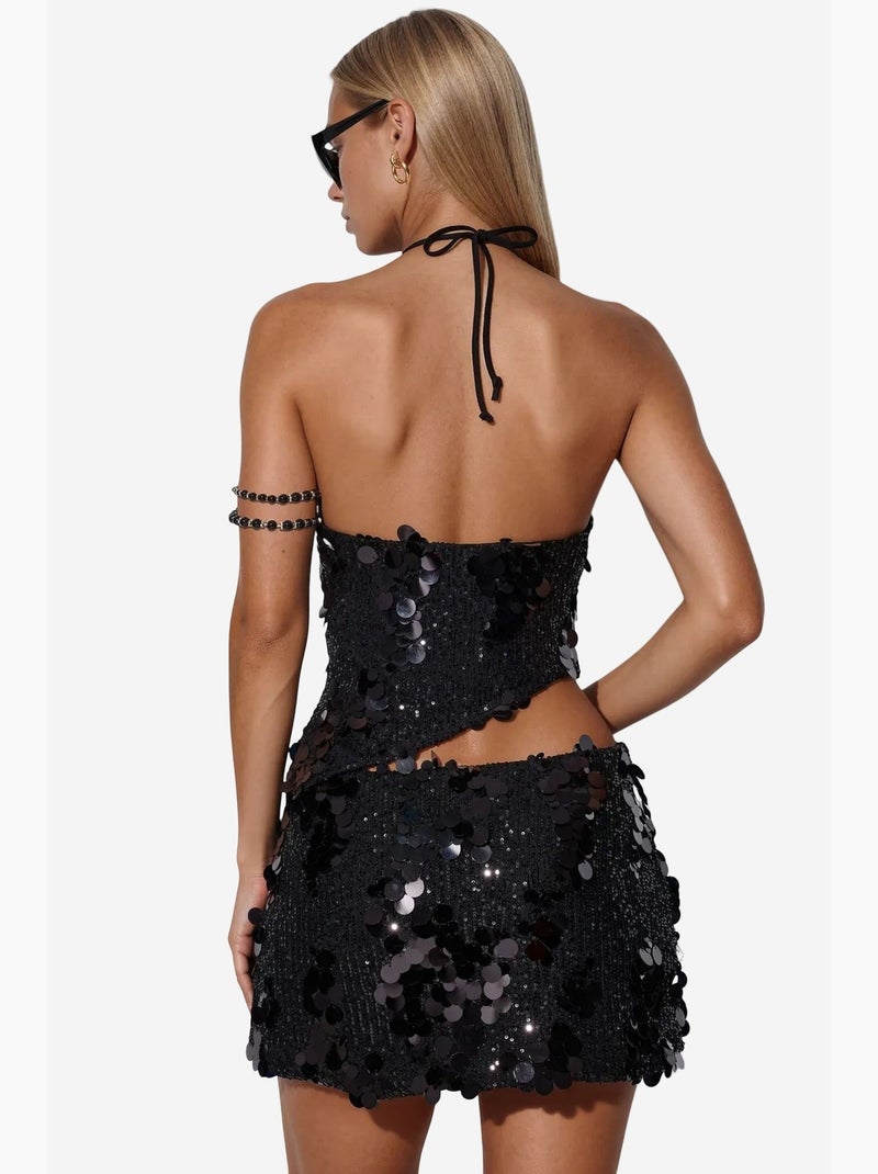 Minissaia feminina de cintura alta em linha a com lantejoulas busem Preto - Kiabi