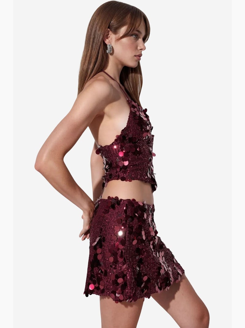 Minissaia feminina de cintura alta em linha a com lantejoulas busem Vermelho bordô - Kiabi