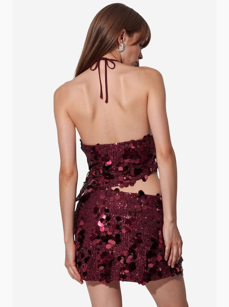 Minissaia feminina de cintura alta em linha a com lantejoulas busem Vermelho bordô - Kiabi