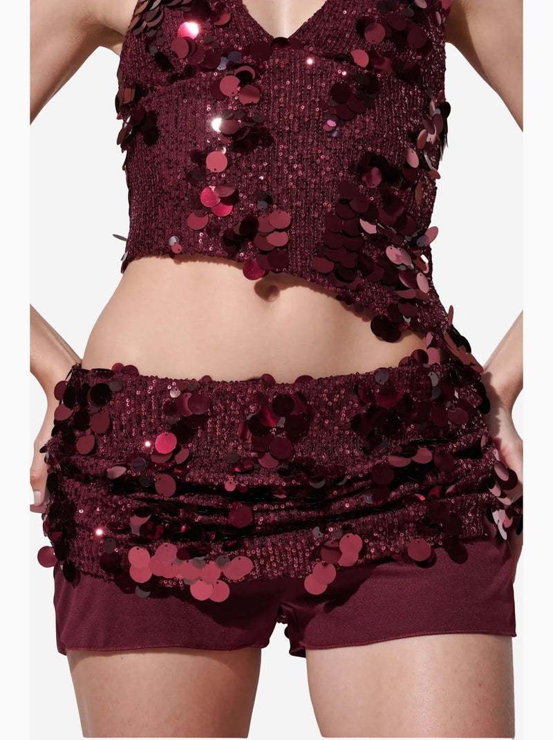 Minissaia feminina de cintura alta em linha a com lantejoulas busem Vermelho bordô - Kiabi