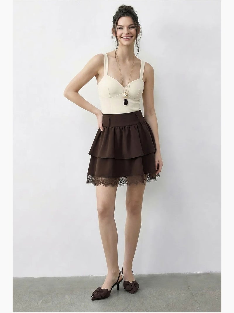 Minissaia feminina de renda de cintura alta lucci Castanho-chocolate - Kiabi