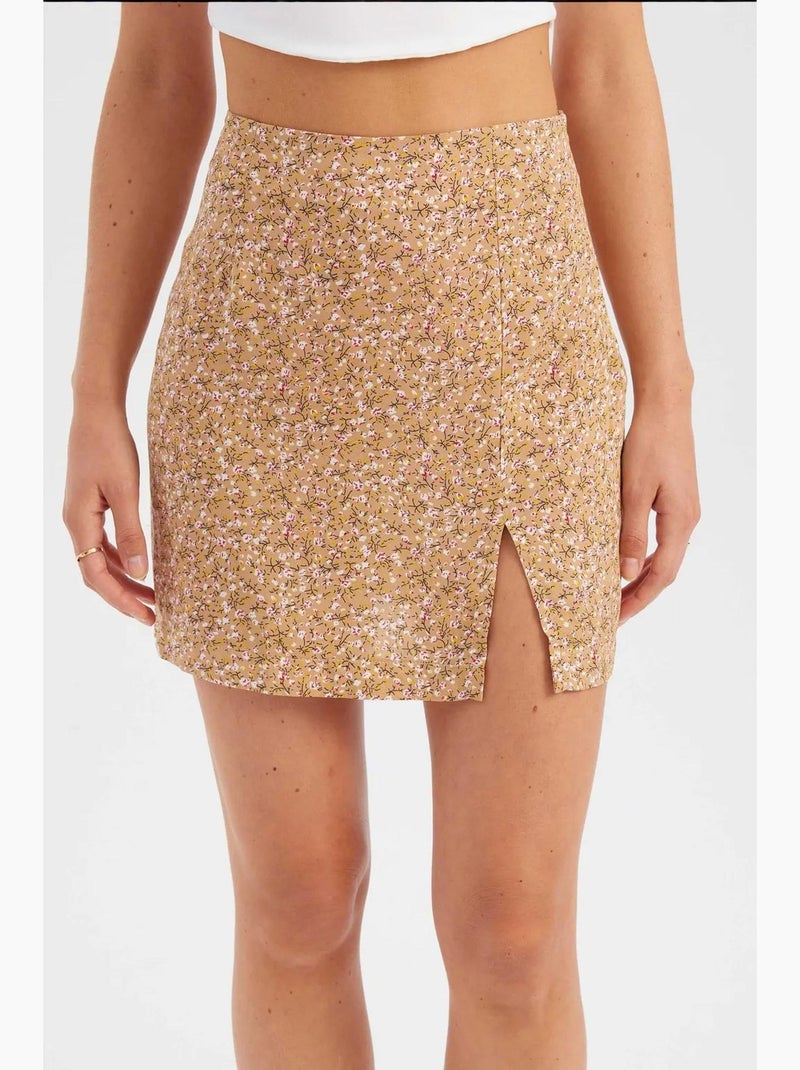 Minissaia floral de cintura subida com racha lateral hiccup Laranja - Kiabi