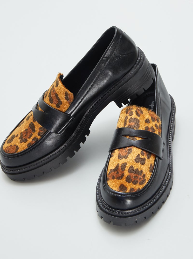 Mocassins em pele sintética 'leopardo' PRETO - Kiabi
