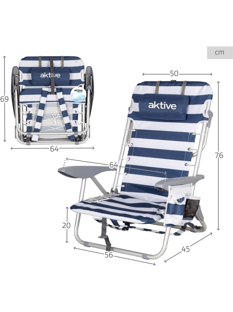 Mochila para cadeira de praia dobrável baixa 4 posições listras com almofada e bolso aktive Azul Branco - Kiabi