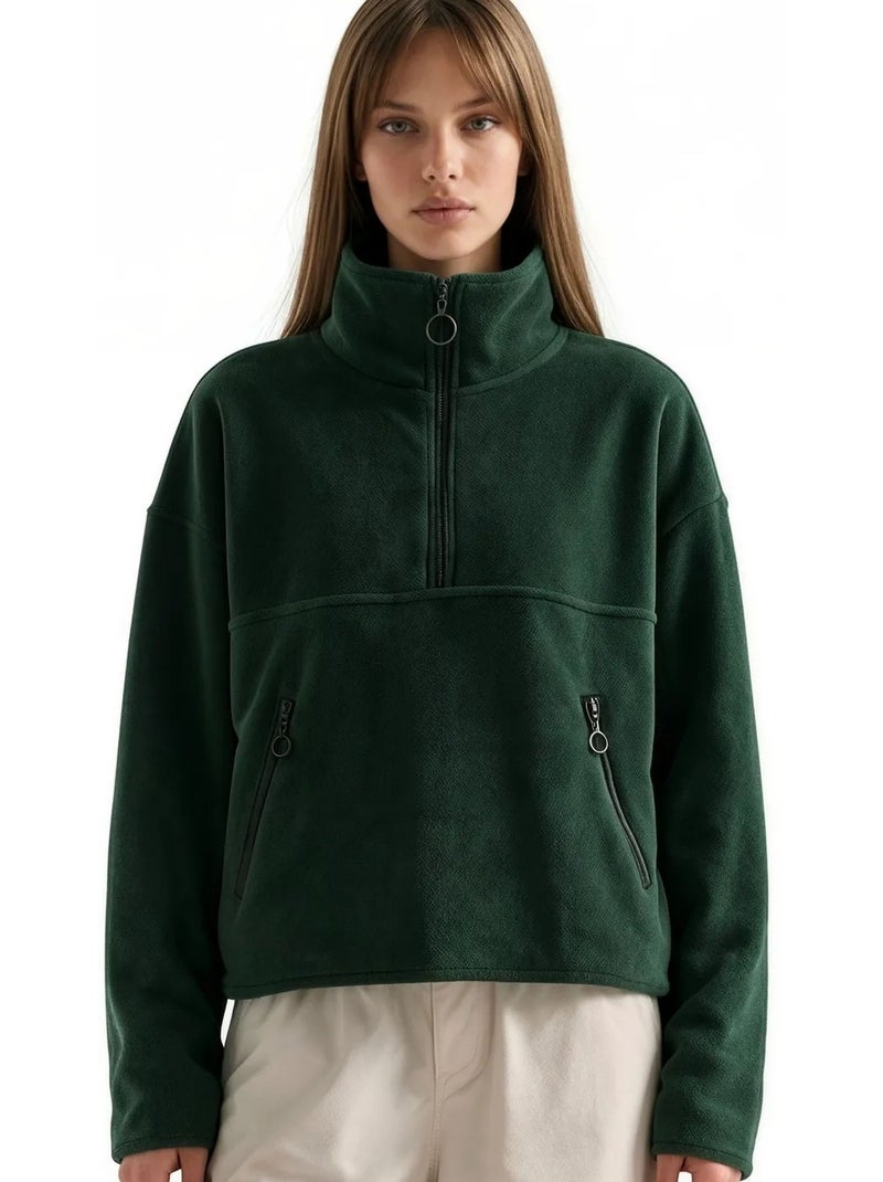 Moletom cropped feminino com meio zíper busem Verde escuro - Kiabi