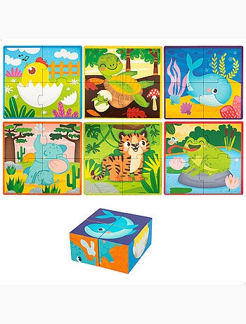 Montessori lisciani 6 quebra-cabeças de animais 4 peças c/4 cubos de madeira