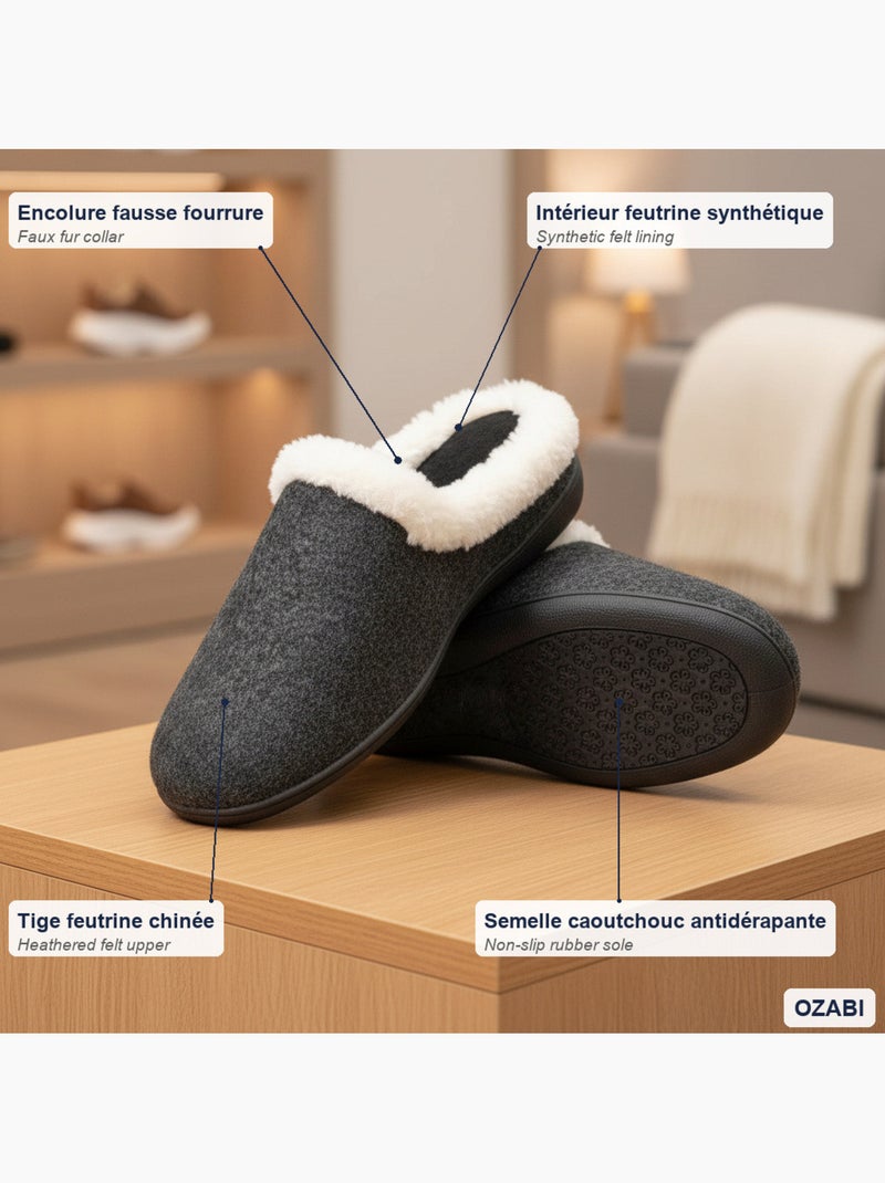 Mules mulher inverno ozabi, feltro liso mesclado, gola falsa pele Preto - Kiabi