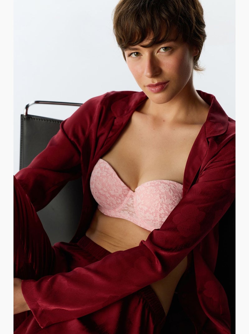 Orquidea conjunto de pijama em cetim floral com camisa e calça, manga longa penti Vermelho bordô - Kiabi