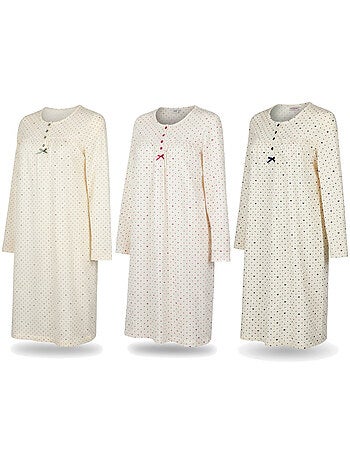 Ozabi camisa de noite mulher pack de 3, algodão, manga comprida, gola redonda 4 botões