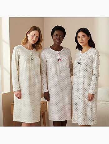 Ozabi camisa de noite mulher pack de 3, algodão, manga comprida, gola redonda 4 botões