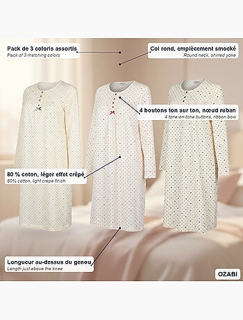Ozabi camisa de noite mulher pack de 3, algodão, manga comprida, gola redonda 4 botões