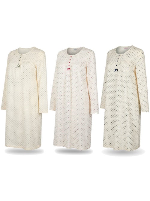 Ozabi camisa de noite mulher pack de 3, algodão, manga comprida, gola redonda 4 botões - Kiabi