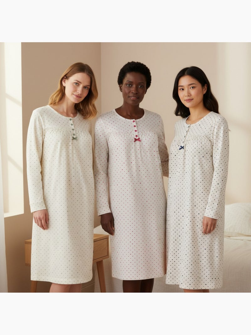 Ozabi camisa de noite mulher pack de 3, algodão, manga comprida, gola redonda 4 botões Azul Rosa - Kiabi