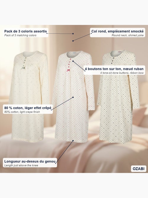 Ozabi camisa de noite mulher pack de 3, algodão, manga comprida, gola redonda 4 botões - Kiabi