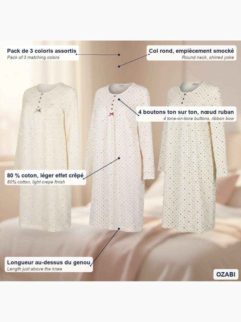 Ozabi camisa de noite mulher pack de 3, algodão, manga comprida, gola redonda 4 botões Azul Rosa - Kiabi