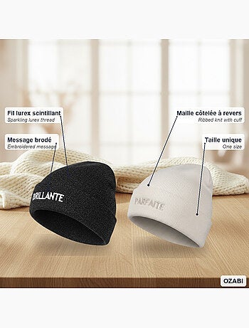 Ozabi gorros mulher lurex com lantejoulas mensagem bordada - pack de 2