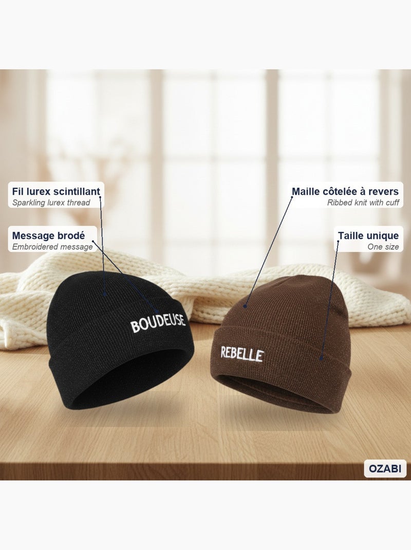 Ozabi gorros mulher lurex com lantejoulas mensagem bordada - pack de 2 Preto Castanho - Kiabi