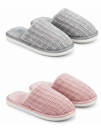OZABI Pack 2 Pares Mulas Mulher Tricot Canelado Sola Plana Espessa