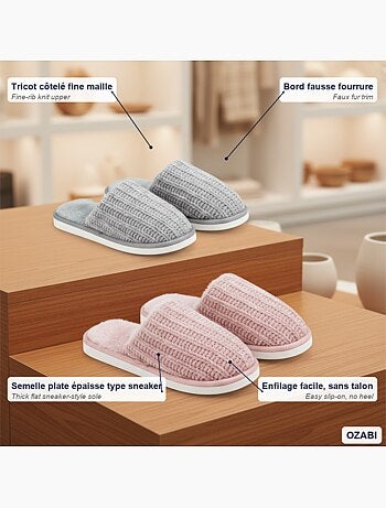 OZABI Pack 2 Pares Mulas Mulher Tricot Canelado Sola Plana Espessa