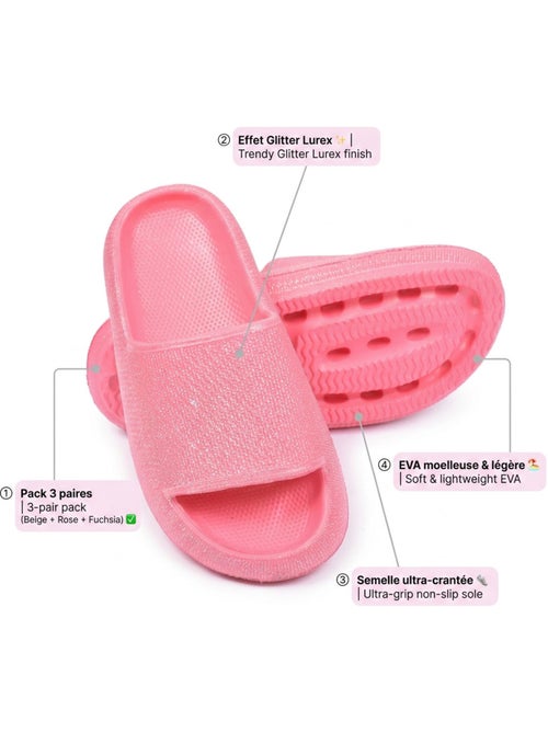 OZABI Pack 3 Sandálias Rapariga Glitter Lantejoulas - Bege Rosa Fúcsia - Kiabi OZABI Pack 3 Sandálias Rapariga Glitter Lantejoulas - Bege Rosa Fúcsia - Kiabi