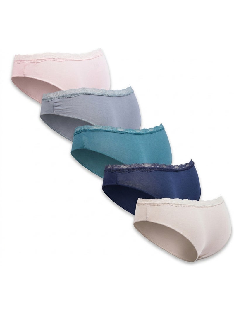 OZABI Pack 5 Cuecas Mulher Algodão Mini Renda Nó Cetim Rosa/Azul/Verde - Kiabi