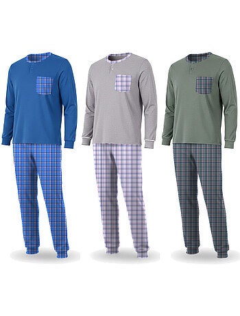 Ozabi pijama homem comprido pack de 3, algodão forrado a polar, gola abotoada