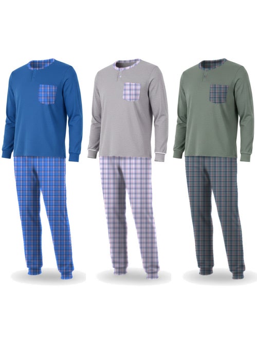 Ozabi pijama homem comprido pack de 3, algodão forrado a polar, gola abotoada - Kiabi