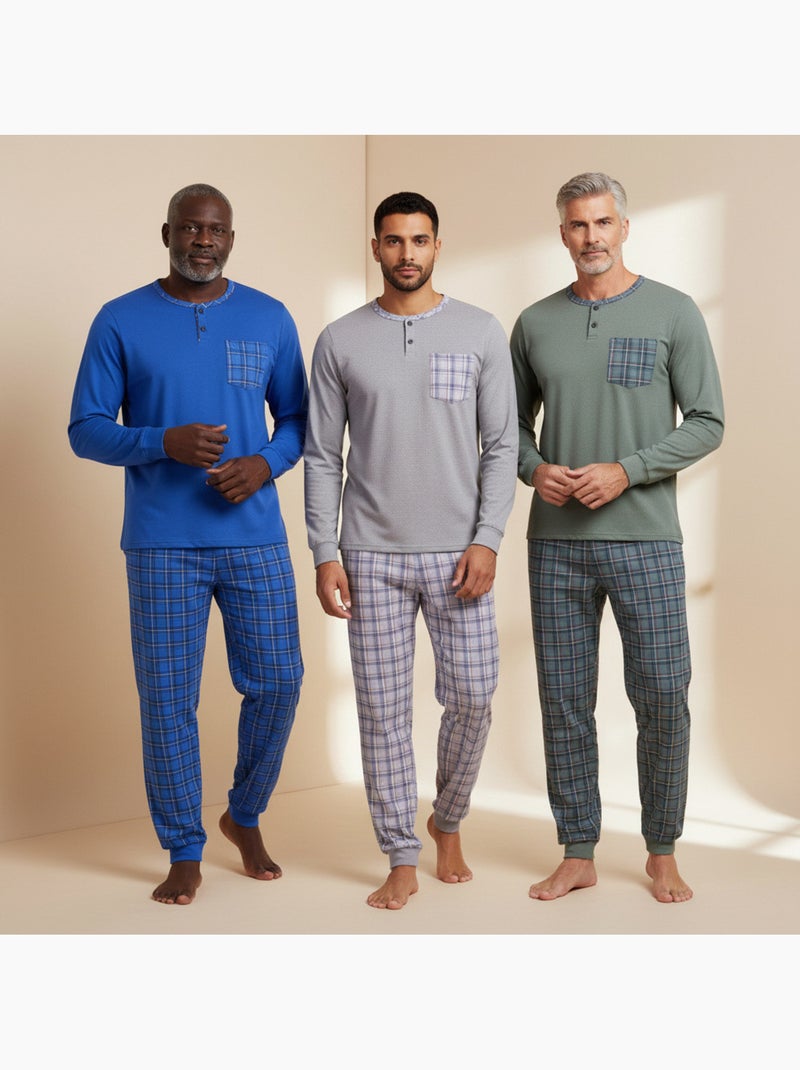 Ozabi pijama homem comprido pack de 3, algodão forrado a polar, gola abotoada Azul Verde Cinza - Kiabi