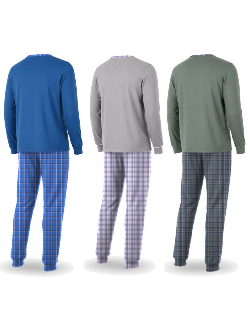 Ozabi pijama homem comprido pack de 3, algodão forrado a polar, gola abotoada Azul Verde Cinza - Kiabi