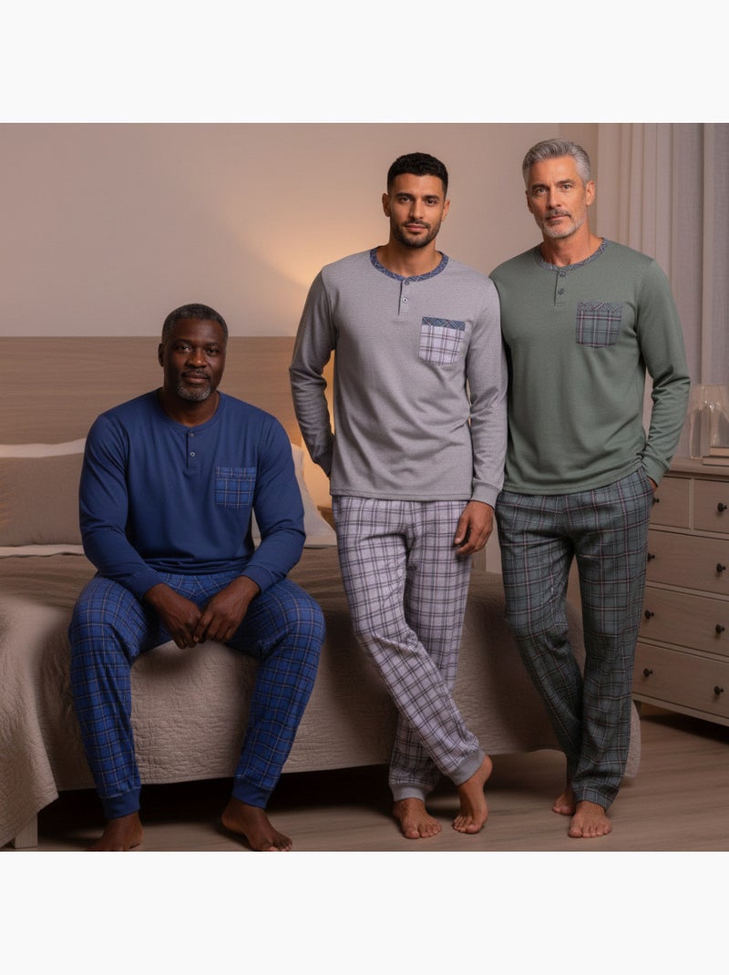Ozabi pijama homem comprido pack de 3, algodão forrado a polar, gola abotoada Azul Verde Cinza - Kiabi