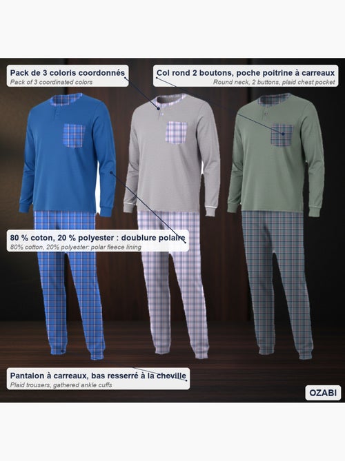 Ozabi pijama homem comprido pack de 3, algodão forrado a polar, gola abotoada - Kiabi
