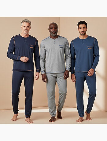 Ozabi pijama homem comprido pack de 3, algodão forrado a polar, gola abotoada
