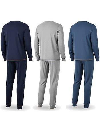 Ozabi pijama homem comprido pack de 3, algodão forrado a polar, gola abotoada
