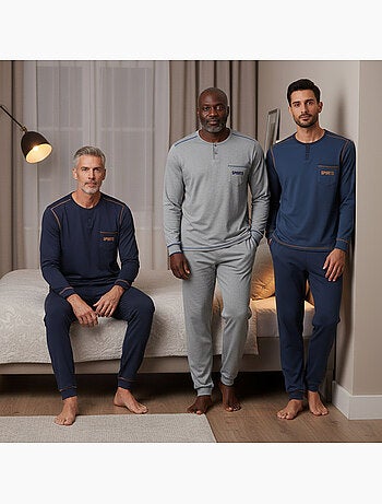 Ozabi pijama homem comprido pack de 3, algodão forrado a polar, gola abotoada