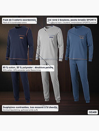 Ozabi pijama homem comprido pack de 3, algodão forrado a polar, gola abotoada