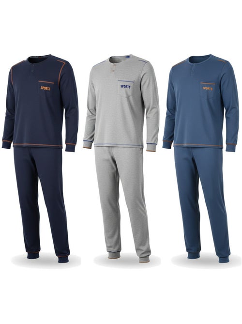 Ozabi pijama homem comprido pack de 3, algodão forrado a polar, gola abotoada - Kiabi