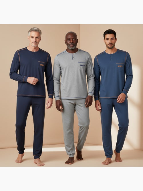 Ozabi pijama homem comprido pack de 3, algodão forrado a polar, gola abotoada - Kiabi