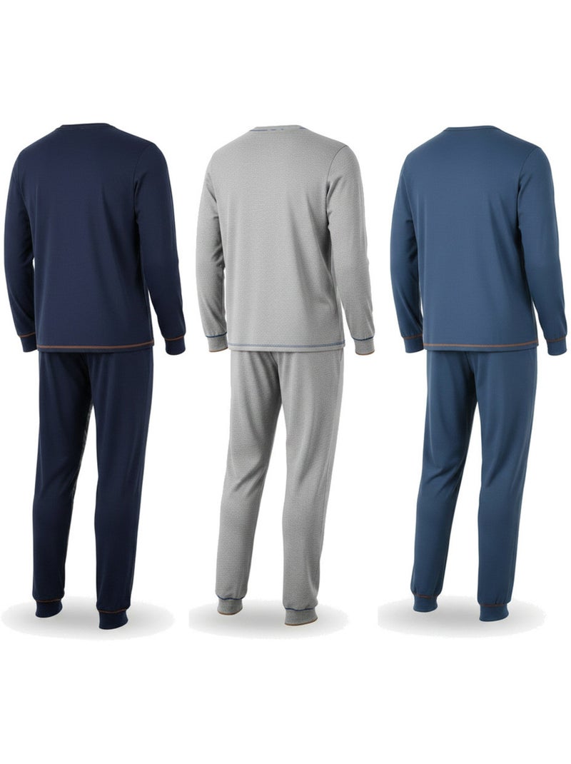 Ozabi pijama homem comprido pack de 3, algodão forrado a polar, gola abotoada Cinza azul-marinho azul - Kiabi