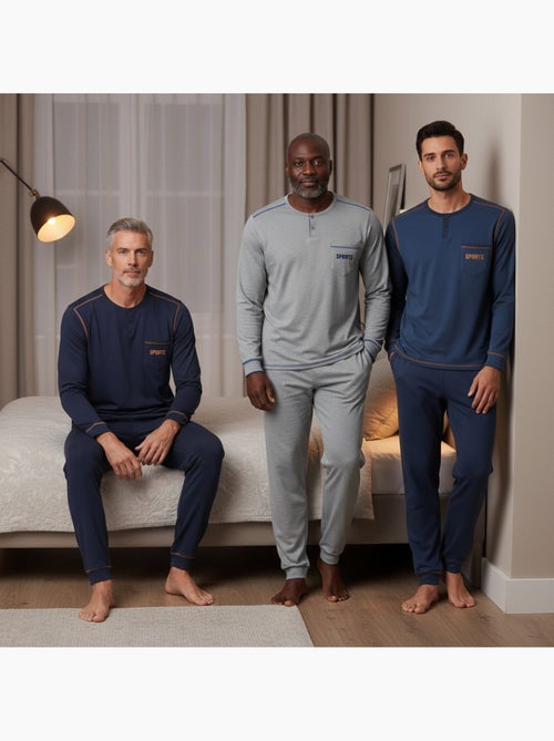 Ozabi pijama homem comprido pack de 3, algodão forrado a polar, gola abotoada - Kiabi
