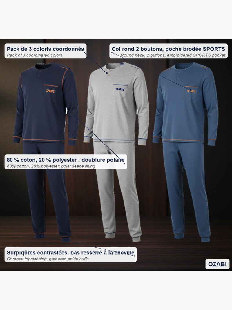Ozabi pijama homem comprido pack de 3, algodão forrado a polar, gola abotoada Cinza azul-marinho azul - Kiabi