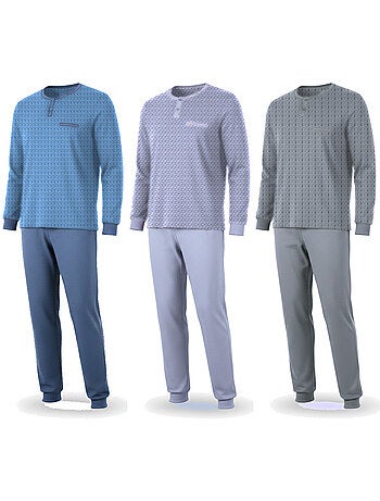 Ozabi pijama homem comprido pack de 3, algodão forrado a polar, gola abotoada