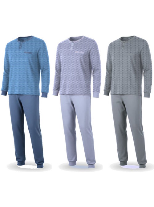 Ozabi pijama homem comprido pack de 3, algodão forrado a polar, gola abotoada - Kiabi
