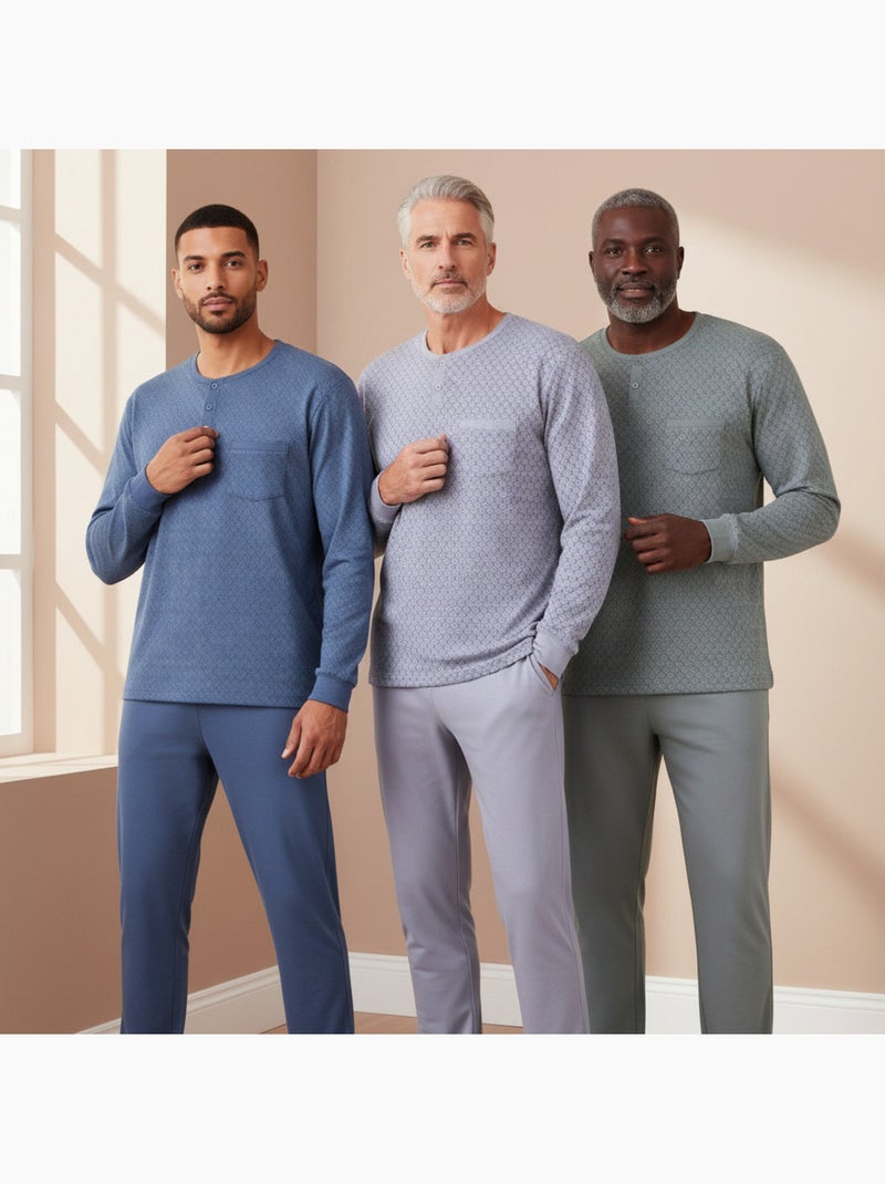 Ozabi pijama homem comprido pack de 3, algodão forrado a polar, gola abotoada Cinza-verde azul - Kiabi
