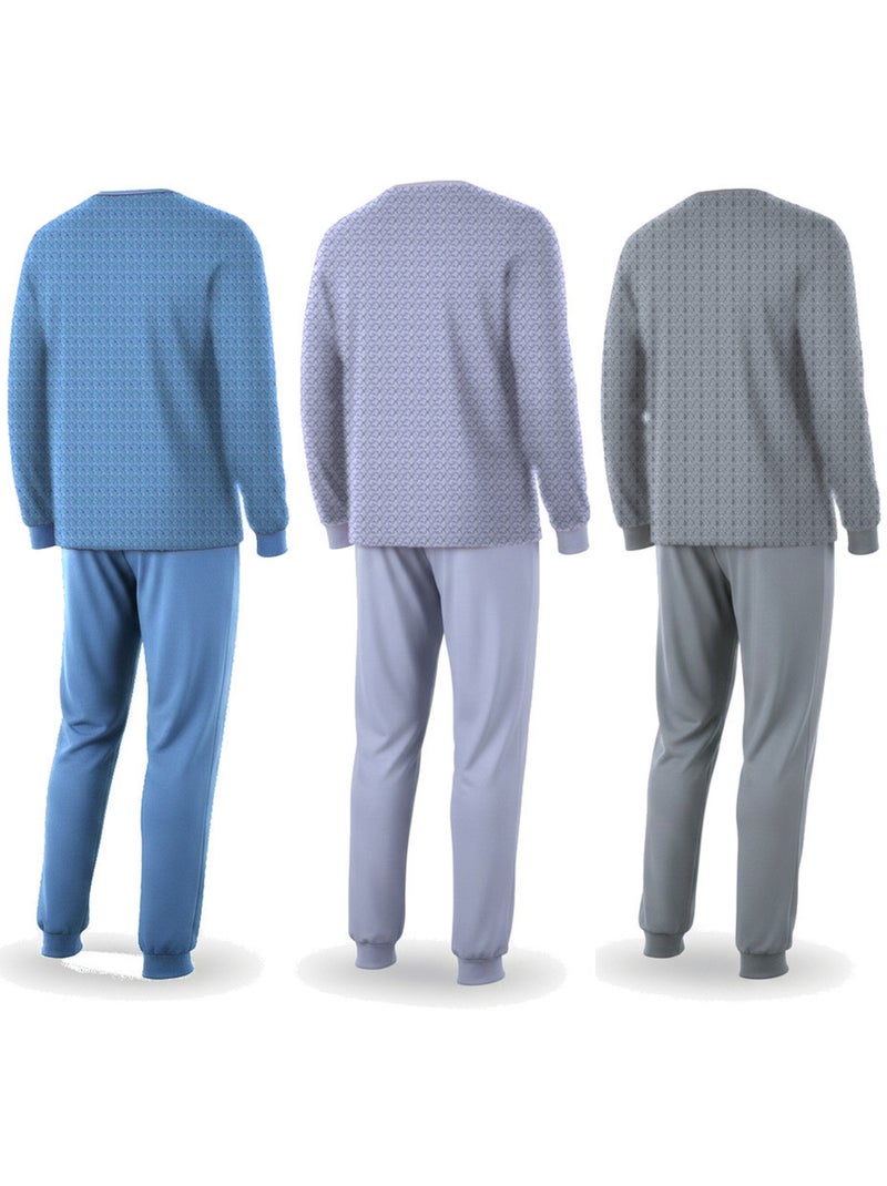 Ozabi pijama homem comprido pack de 3, algodão forrado a polar, gola abotoada Cinza-verde azul - Kiabi