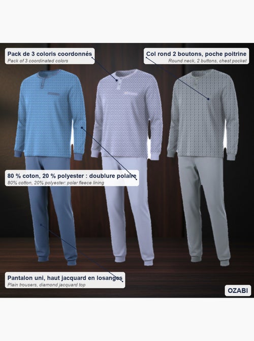 Ozabi pijama homem comprido pack de 3, algodão forrado a polar, gola abotoada - Kiabi