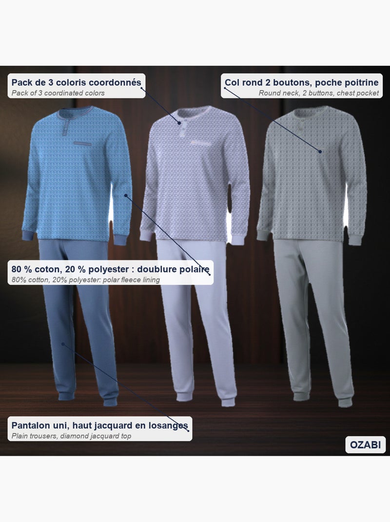 Ozabi pijama homem comprido pack de 3, algodão forrado a polar, gola abotoada Cinza-verde azul - Kiabi