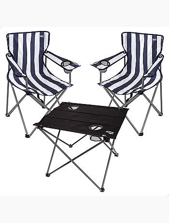 Pack 2 cadeiras de camping listradas de 48x47x82 cm e mesa dobrável de 61x50x51 cm